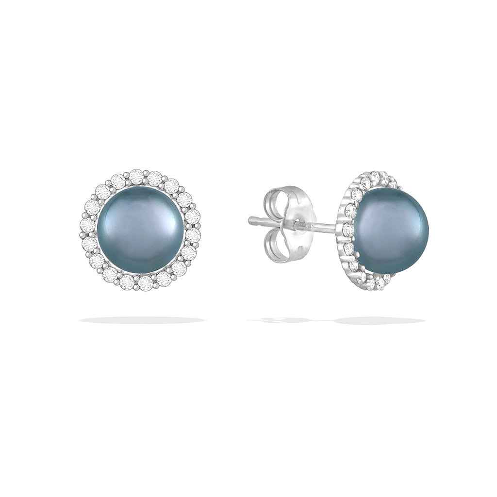 Blue Akoya Pearl Halo Stud Earrings