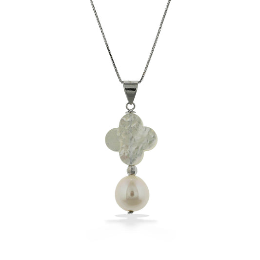 773660 - Sterling Silver - White Freshwater Button Pearl and White Mother of Pearl Pendant