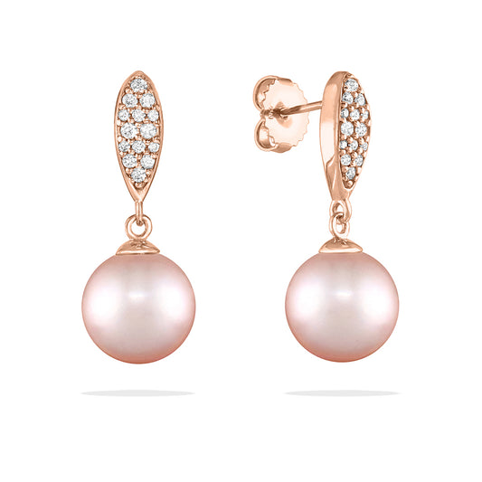 41717 - 14K Rose Gold - 11mm Natural Pink Freshwater Pearl and Diamond Drop Earrings